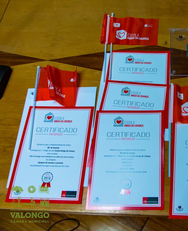 Vários certificados e uma placa de reconhecimento sobre educação infantil.