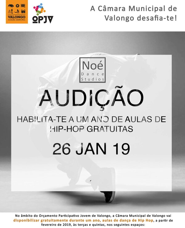 Cartaz da audição para aulas gratuitas de hip-hop em Valongo.