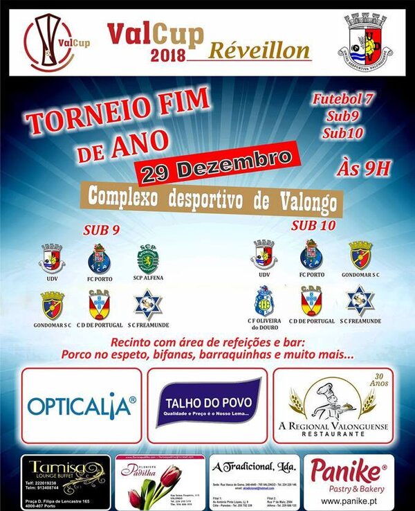 Cartaz do Torneio de Fim de Ano em Valongo, com detalhes do evento.