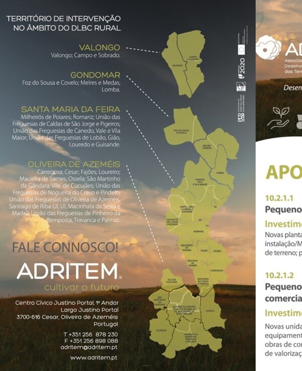 Imagem de um folheto da ADRITEM com mapa e informações sobre apoio à agricultura.