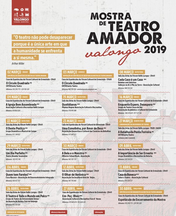 Cartaz da Mostra de Teatro Amador de Valongo 2019 com datas e eventos.