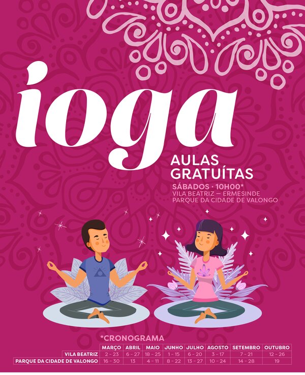 Cartaz de aulas gratuitas de ioga, com informações e ilustrações de praticantes.