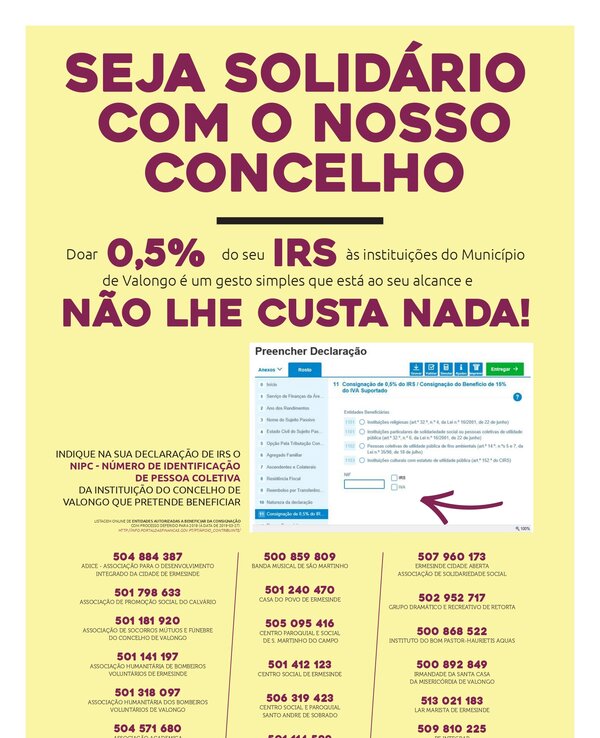 Cartaz informativo sobre doações de IRS para instituições de Valongo.