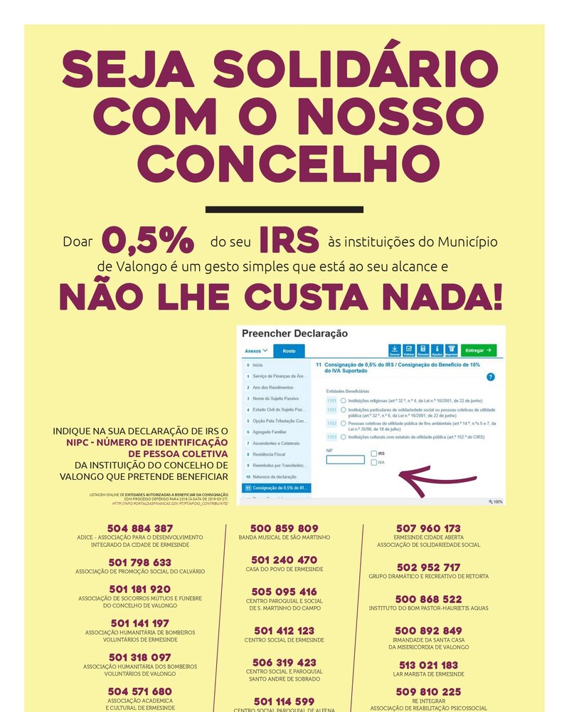 Cartaz informativo sobre doações de IRS para instituições de Valongo.