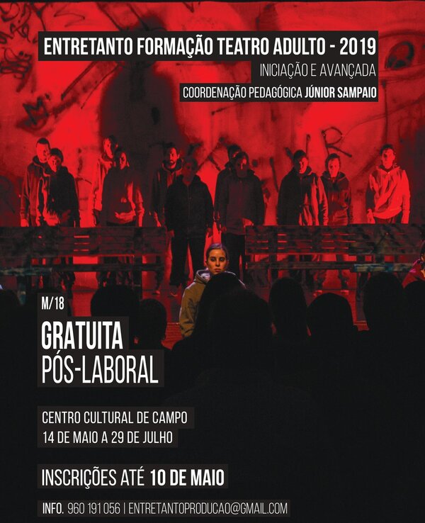 Cartaz de formação de teatro adulto com informações sobre o curso.