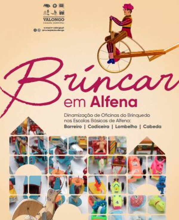 Cartaz colorido sobre oficinas de brinquedos em Alfena, com várias imagens de brinquedos.