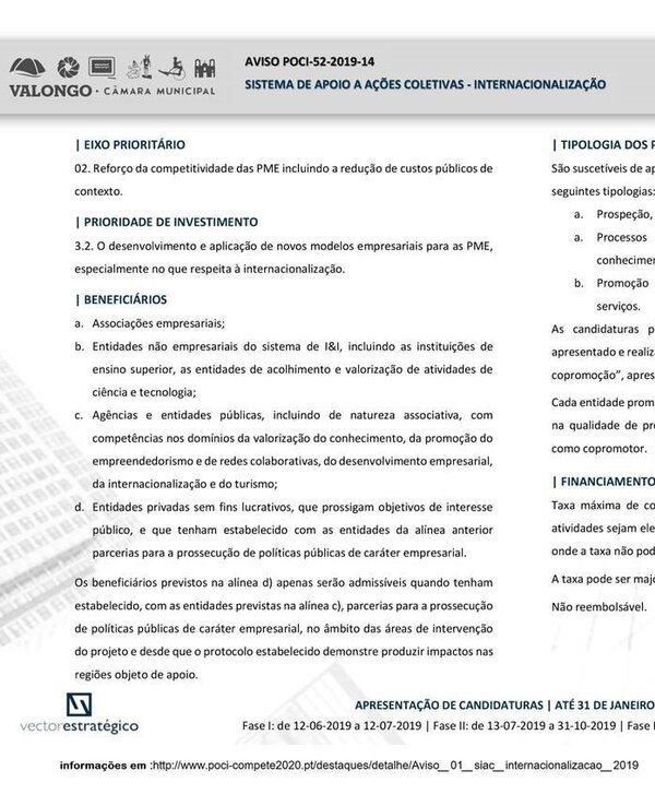 Documento informativo sobre apoio a PME e ações de internacionalização.