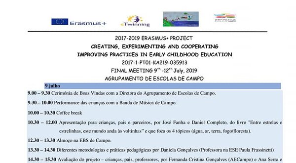 Programa do encontro final do projeto Erasmus+ sobre educação infantil.