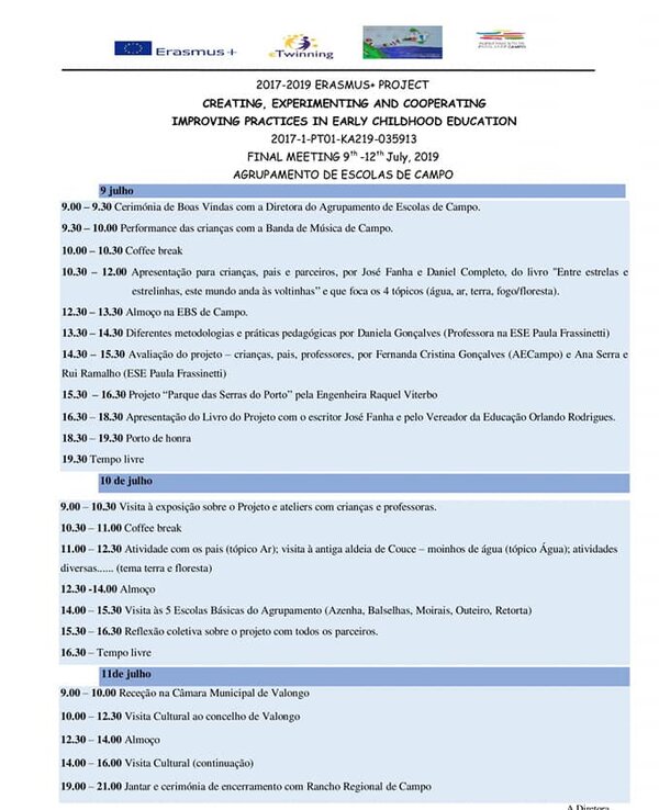 Programa do encontro final do projeto Erasmus+ sobre educação infantil.