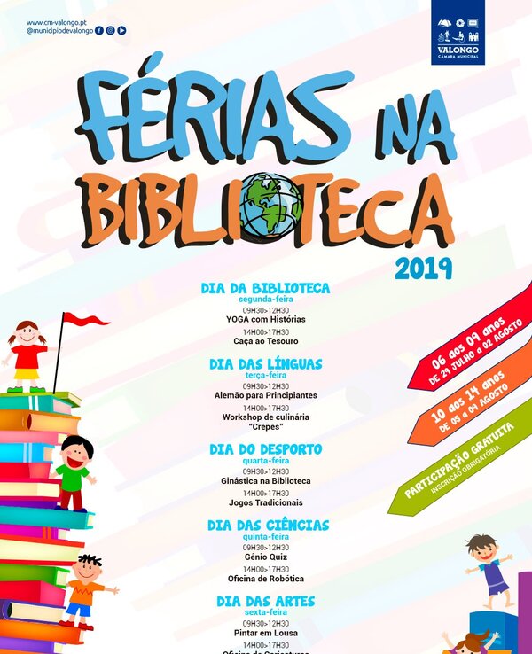 Cartaz sobre as férias na biblioteca com atividades para crianças em Valongo.