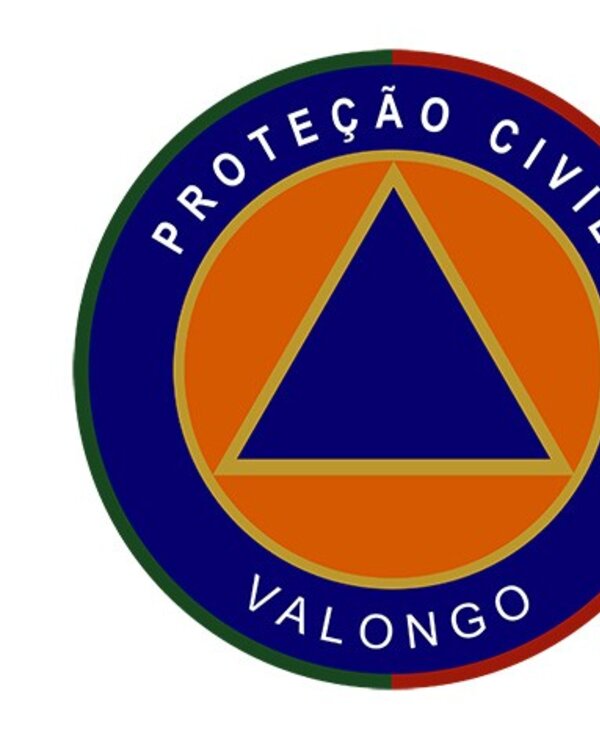 Emblema da Proteção Civil de Valongo com triângulo azul e texto em círculo.