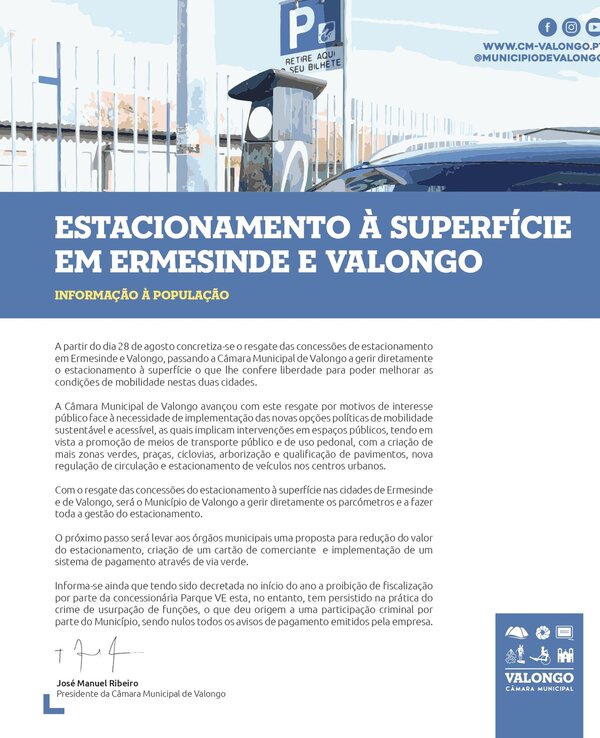 Informação sobre estacionamento em Ermesinde e Valongo, com detalhes e diretrizes.