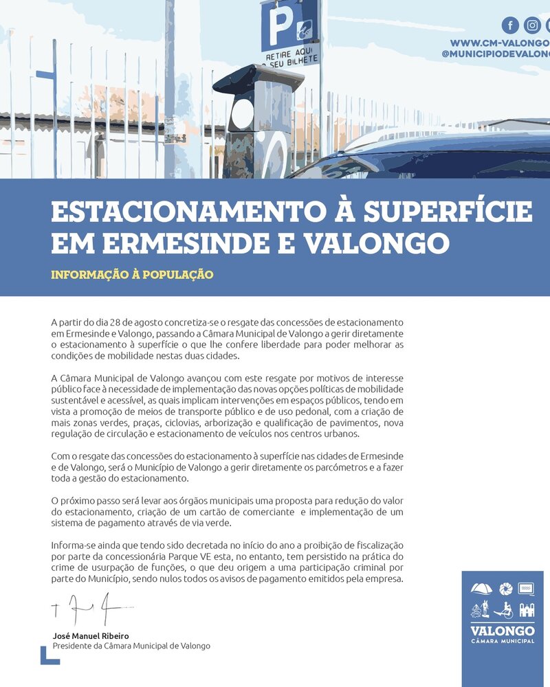 Informação sobre estacionamento em Ermesinde e Valongo, com detalhes e diretrizes.