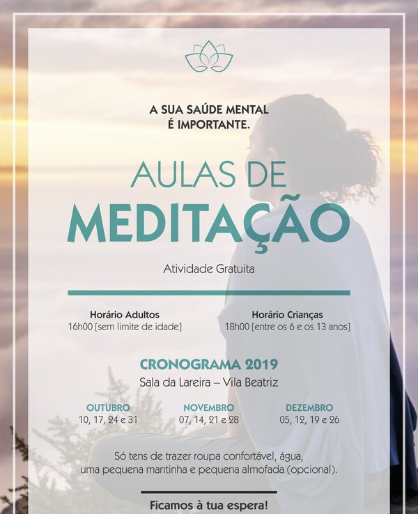 Cartaz sobre aulas de meditação, horários e informações de contacto.
