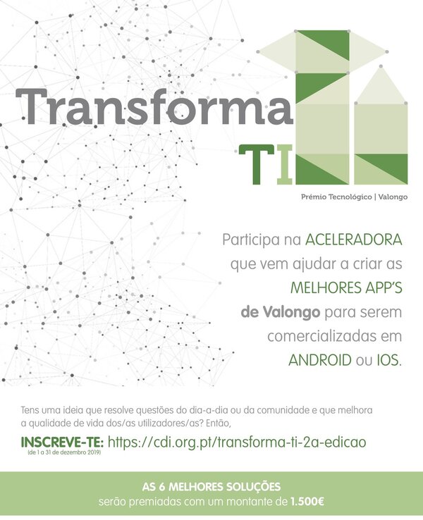 Cartaz do Prémio Tecnológico Transformar TI em Valongo, promovendo uma aceleradora.