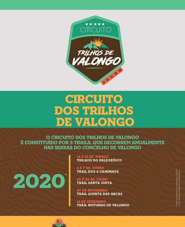 Cartaz do Circuito dos Trilhos de Valongo com datas e eventos de 2020.