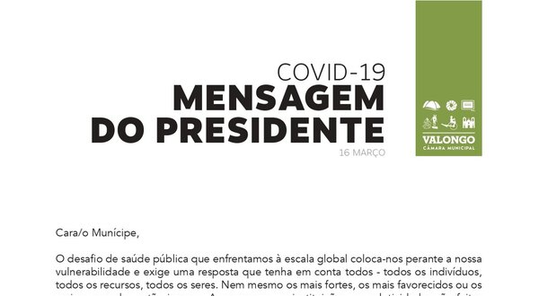 Mensagem do Presidente sobre a COVID-19, destacando a solidariedade e a ação comunitária.