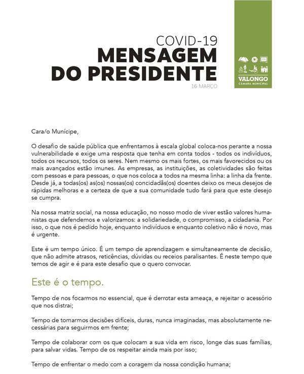Mensagem do Presidente sobre a COVID-19, destacando a solidariedade e a ação comunitária.