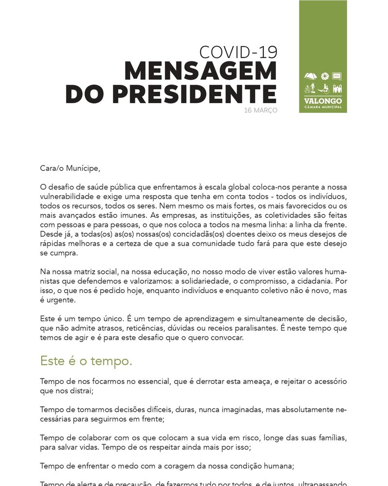 Mensagem do Presidente sobre a COVID-19, destacando a solidariedade e a ação comunitária.