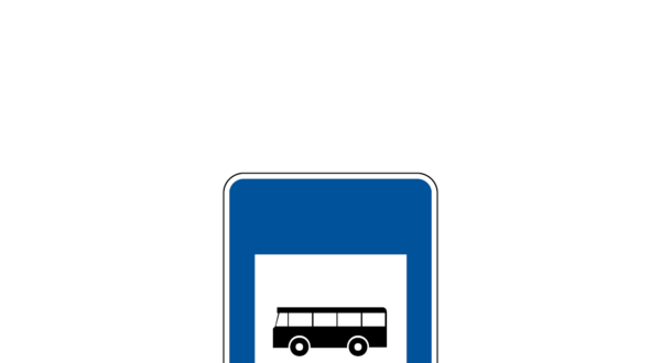 Sinal de paragem de autocarro com fundo azul e ícone de autocarro.