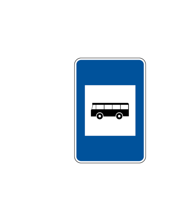 Sinal de paragem de autocarro com fundo azul e ícone de autocarro.