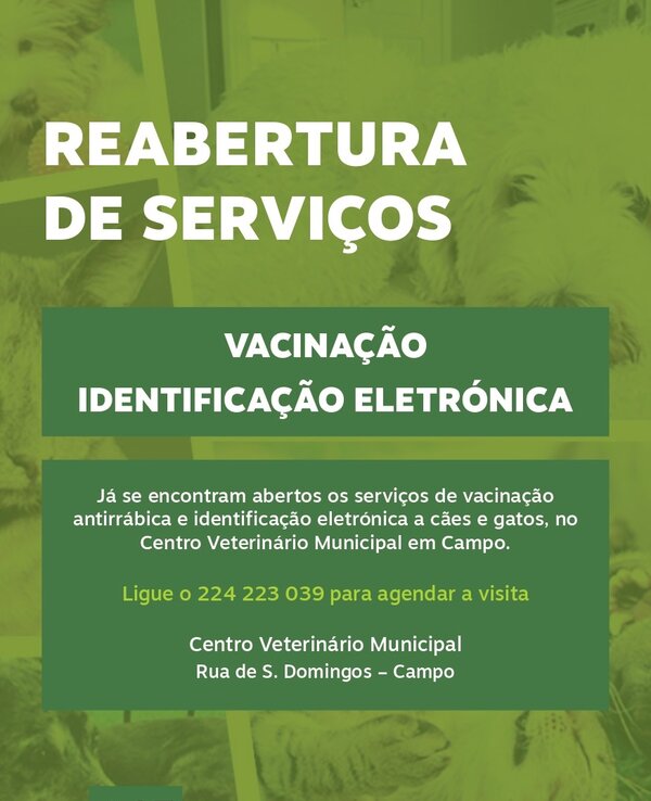 Cartaz informativo sobre vacinação e identificação eletrónica de animais.