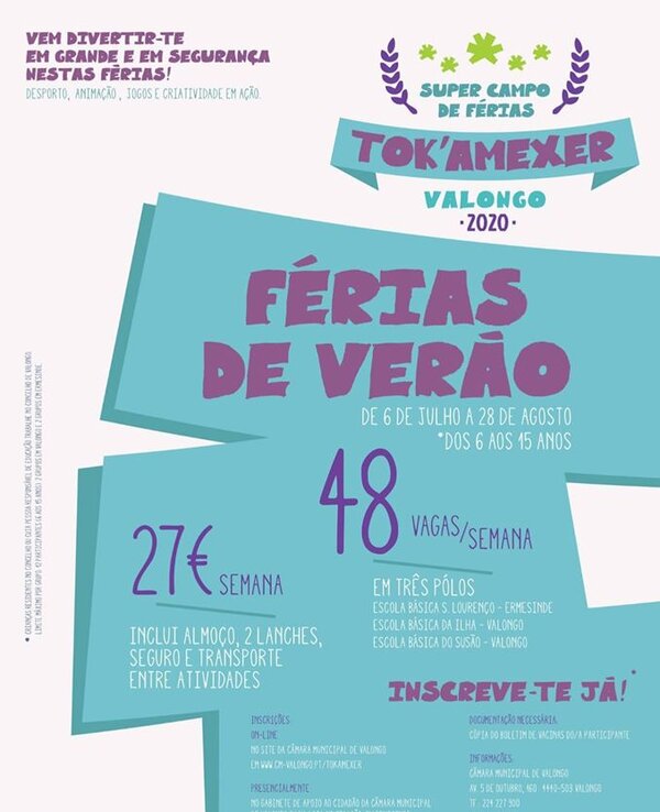 Cartaz do campo de férias Tok'amexer em Valongo, com informações e preços.