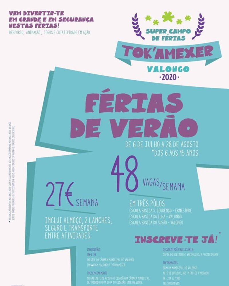 Cartaz do campo de férias Tok'amexer em Valongo, com informações e preços.