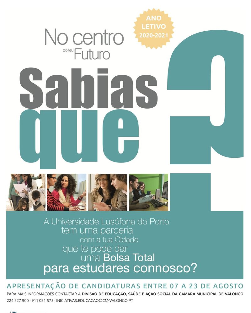 Cartaz informativo sobre bolsas de estudo da Universidade Lusófona do Porto.