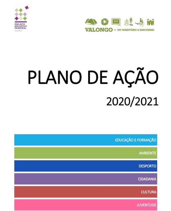 Capa do Plano de Ação 2020/2021 com várias áreas destacadas por cores.