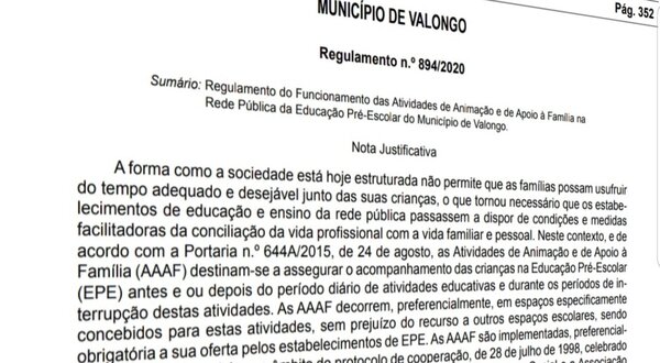 Documento oficial do Município de Valongo sobre regulamentação de atividades de apoio à família.