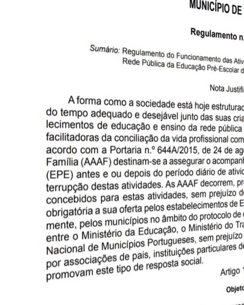Documento oficial do Município de Valongo sobre regulamentação de atividades de apoio à família.