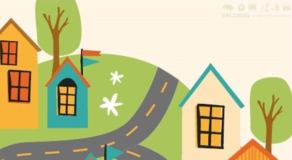 Ilustração colorida de uma aldeia com casas e árvores, com uma mensagem sobre árvores.