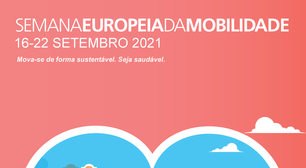 Cartaz da Semana Europeia da Mobilidade com várias formas de transporte.