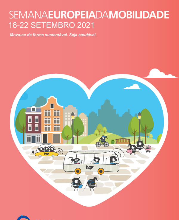 Cartaz da Semana Europeia da Mobilidade com várias formas de transporte.