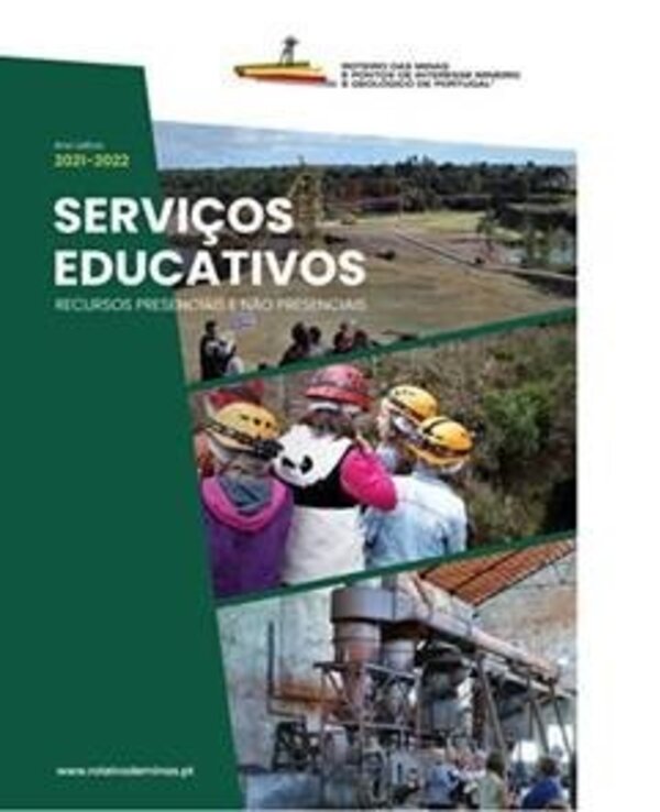 Capa de um folheto sobre serviços educativos com imagens de crianças e uma fábrica.