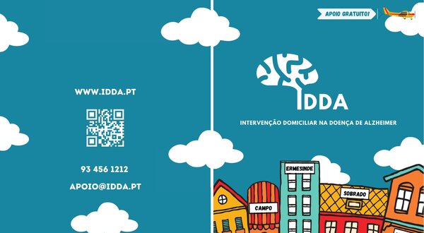 Fundo azul com nuvens, logotipo IDDA e ilustração de casas coloridas.