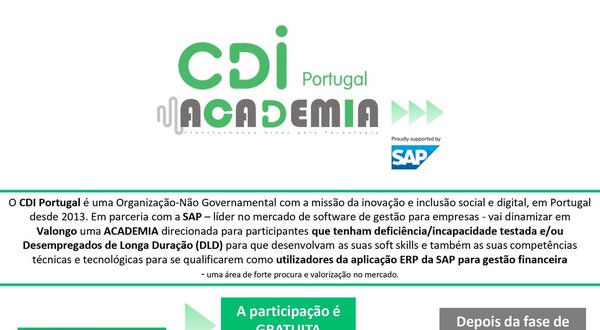 Cartaz informativo sobre a Academia CDI em Valongo, com detalhes do evento.