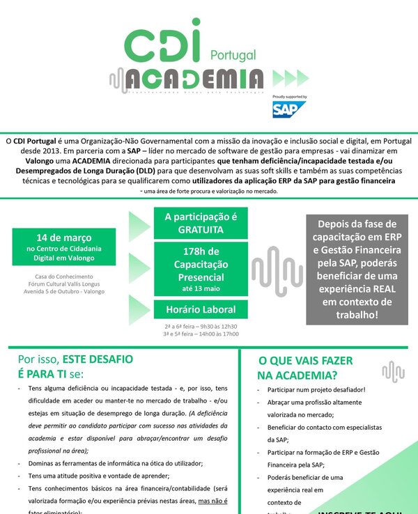 Cartaz informativo sobre a Academia CDI em Valongo, com detalhes do evento.