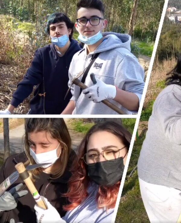 Grupo de jovens a trabalhar na natureza, com ferramentas e sorrisos.