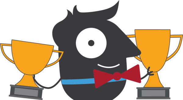 Personagem cartoon com um olho, segurando dois troféus dourados.