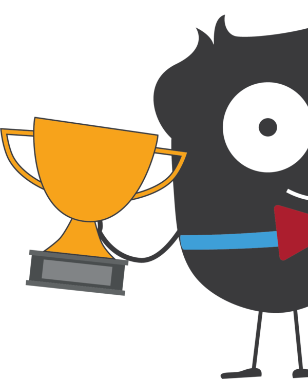 Personagem cartoon com um olho, segurando dois troféus dourados.