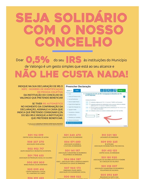 Cartaz informativo sobre doação de 0,5% do IRS para instituições de Valongo.