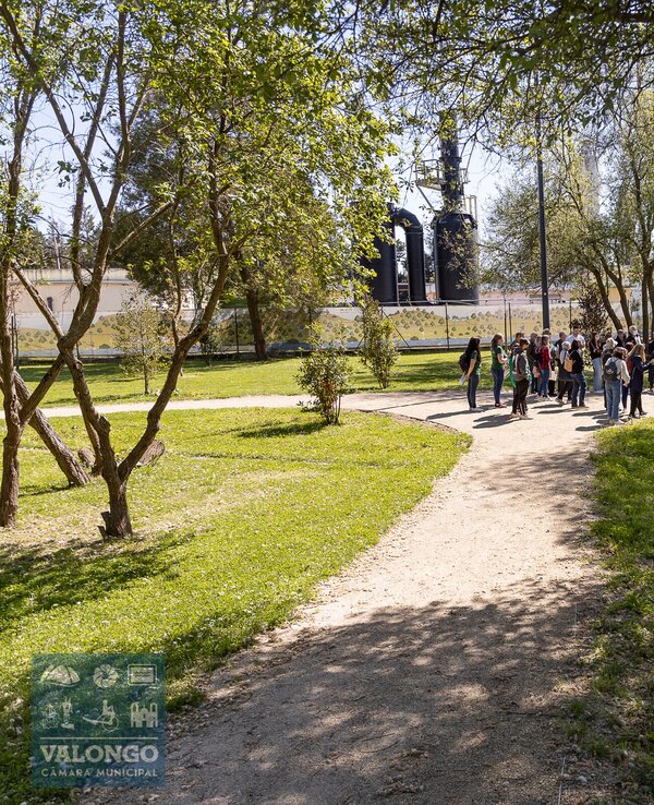 Grupo de pessoas reunidas num parque com árvores e caminho de terra.