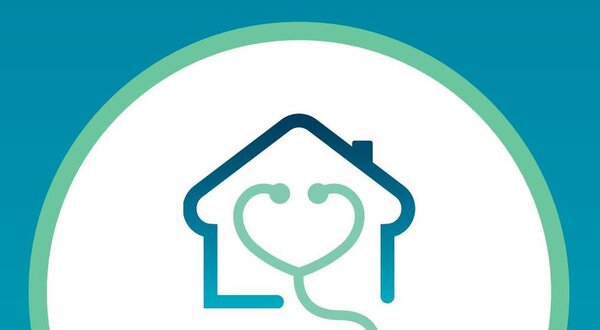 Logotipo da ECCOS, com uma casa e um estetoscópio em forma de coração.