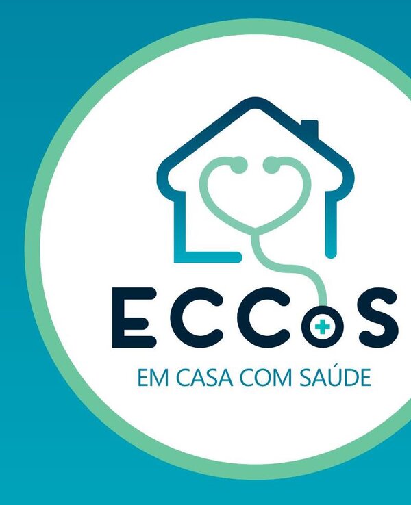 Logotipo da ECCOS, com uma casa e um estetoscópio em forma de coração.