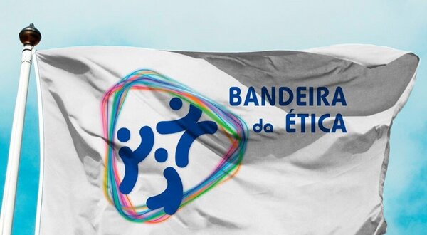 Bandeira da Ética com figuras coloridas e texto em azul sobre fundo branco.