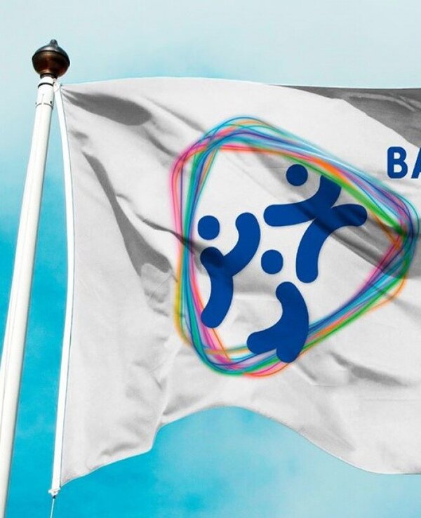 Bandeira da Ética com figuras coloridas e texto em azul sobre fundo branco.