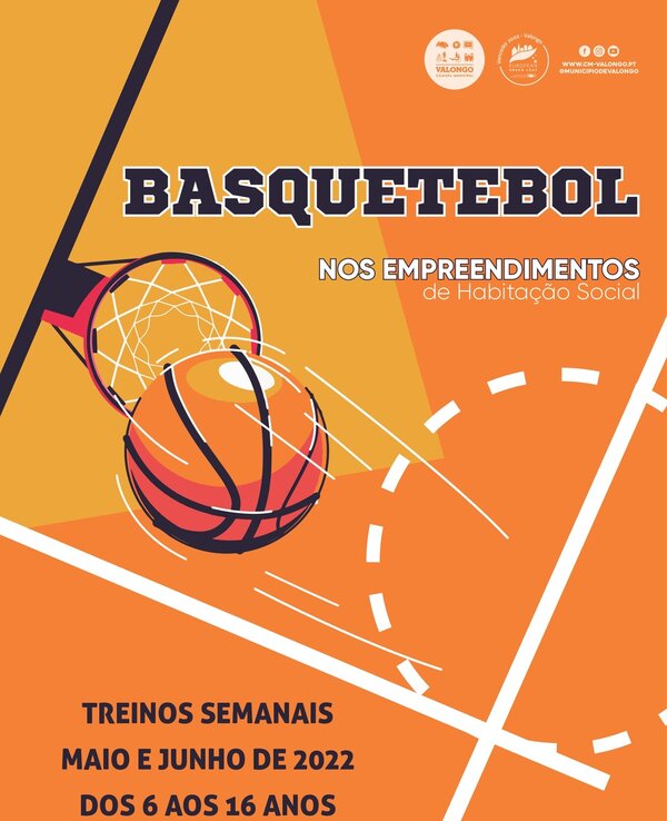 Cartaz de basquetebol com informações sobre treinos para jovens.