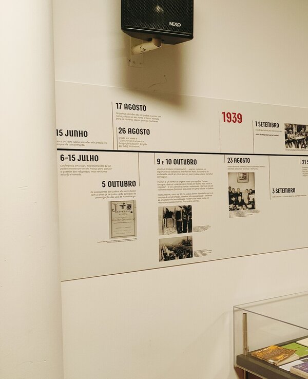 Linha do tempo histórica exposta numa parede, com textos e imagens.